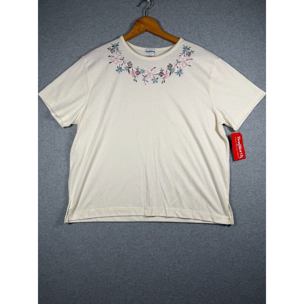 Vintage BonWorth Floral Embroidered Cream Top M Petite Cottagecore NWT 3866